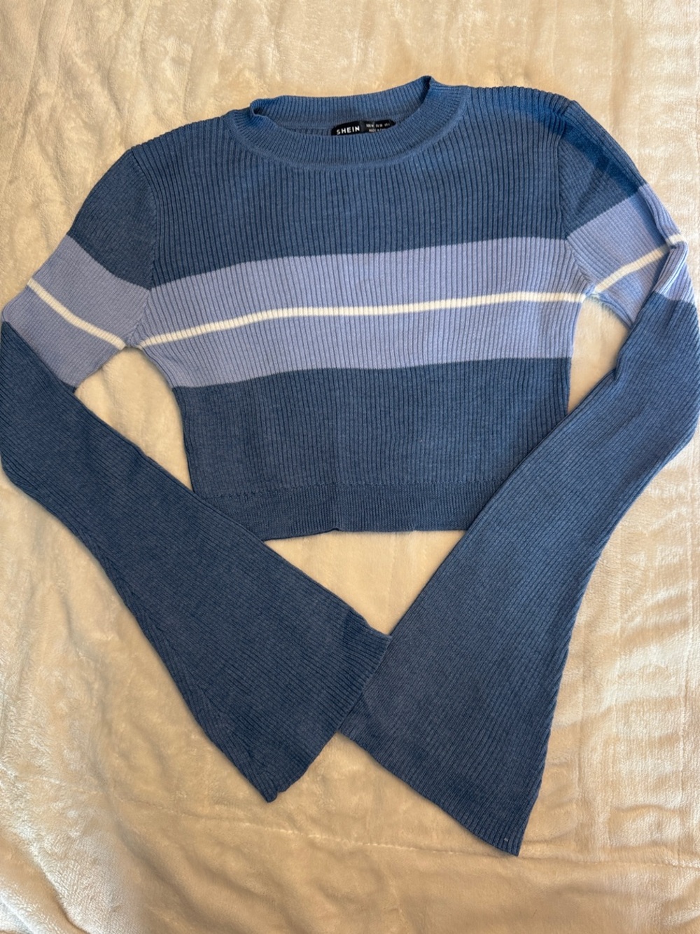 SHEIN Navy, Light Blue & White Ribbed Cropped Crew Sweater